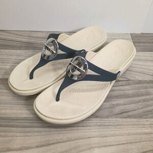 Crocs Sanrah Beveled Circle Slide Thong Sandals Shoes Women's Size 10 White Navy